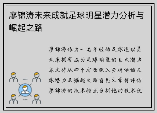 廖锦涛未来成就足球明星潜力分析与崛起之路