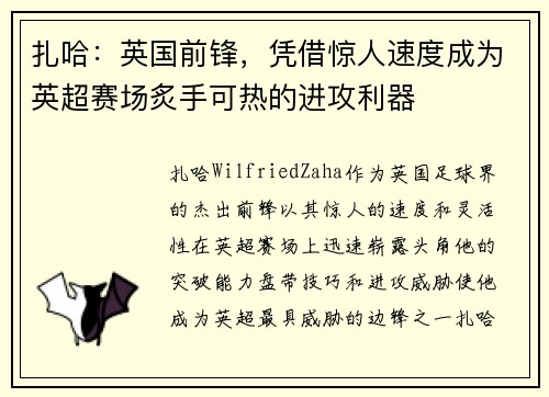 扎哈：英国前锋，凭借惊人速度成为英超赛场炙手可热的进攻利器
